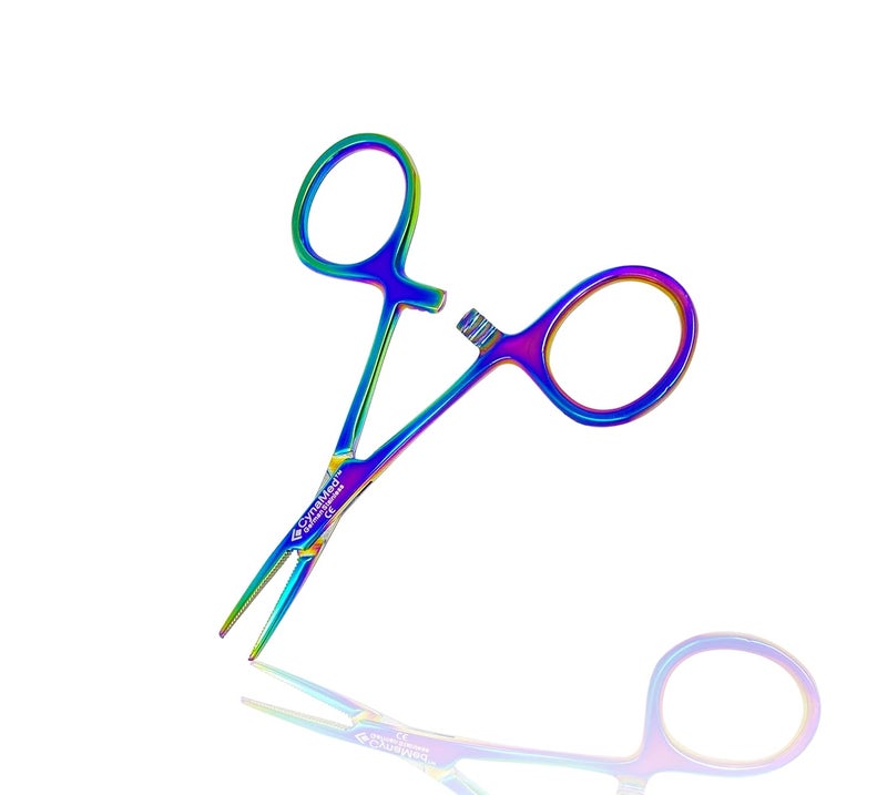 CYNAMED Mosquito Hemostatic Forceps with Multicolor/Rainbow Titanium Coating - Premium Quality - Hemostat Clamping Pliers with Serrated Jaws - 3.5 in. (Straight) - Image 1